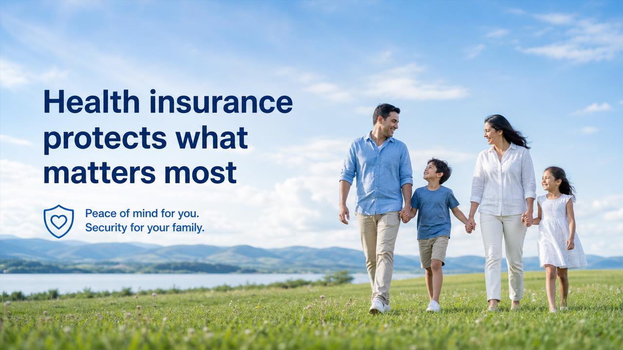 Family walking together in a sunny landscape with text about the importance of health insurance